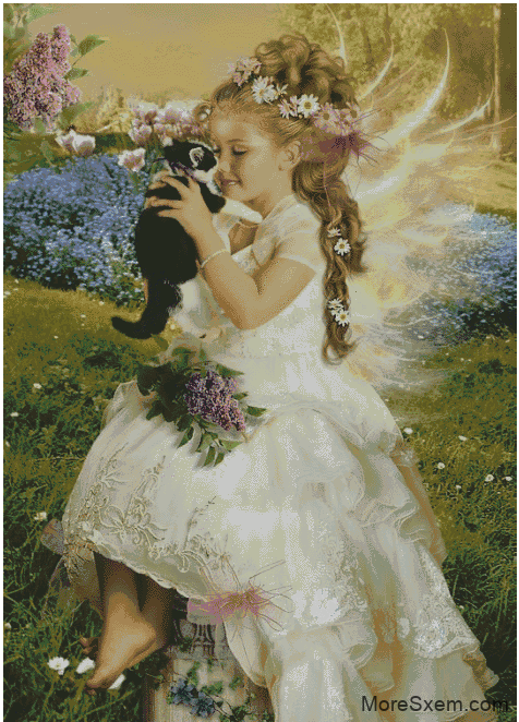 Девочка-ангелочек с кошкой