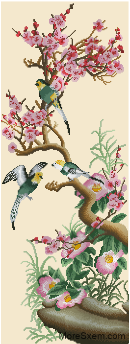 Птицы на цветущей ветке сакуры